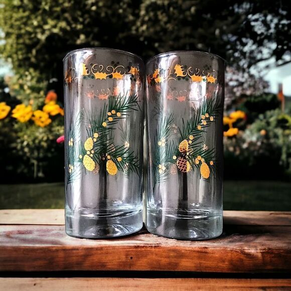2 MCM Pine Branch Gold Holly Tumblers Continental Can Co Hazel Atlas Winter Vtg. - Picture 16 of 16